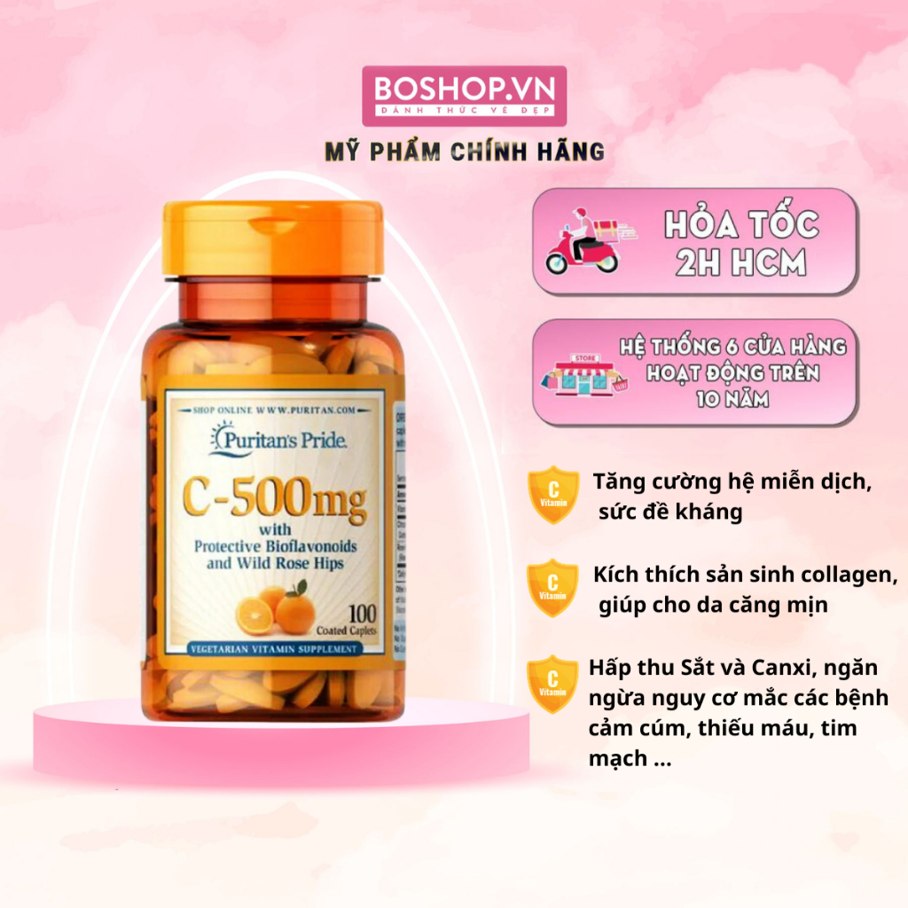Viên Uống Bổ Sung Vitamin C Puritan's Pride C-500mg With Bioflavonoids And Wild Rose Hips 100 Viên