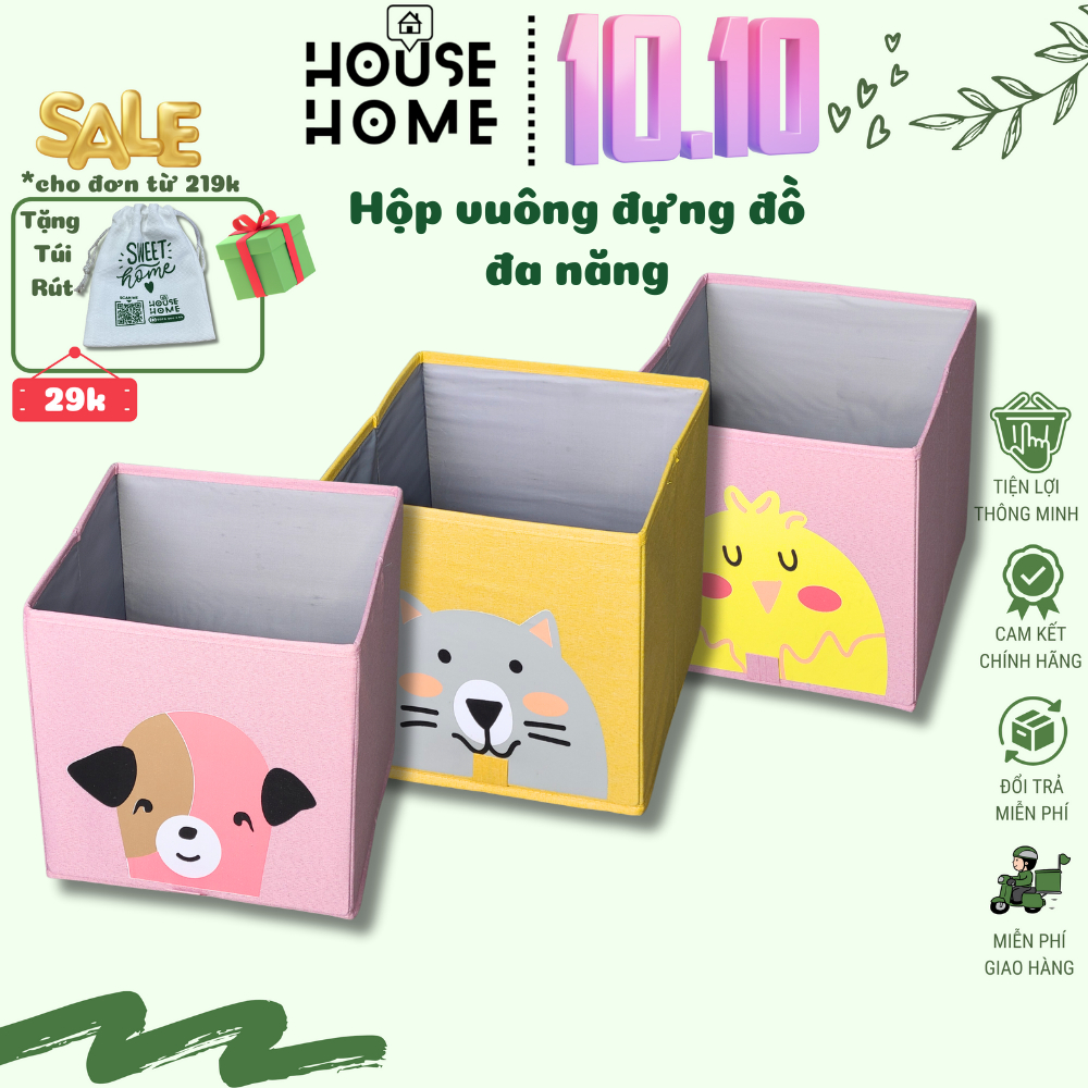 Hộp vải đa năng đựng đồ chơi đồ dùng trẻ em thông minh xếp gọn thông minh, vải Oxford họa tiết dễ thương - HousetoHome
