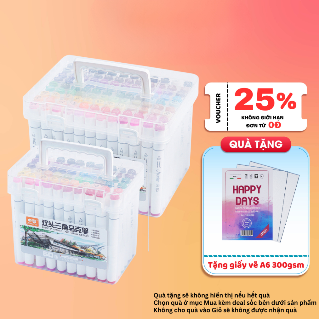 Bút dạ màu marker hai đầu ZhongCai cao cấp hộp nhựa 60/80/108 màu, hoạ cụ tô màu chuyên nghiệp NO.701