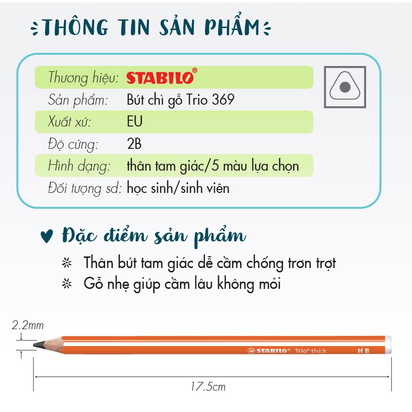 Bộ 10 bút chì gỗ STABILO Trio 369 2B thân tam giác