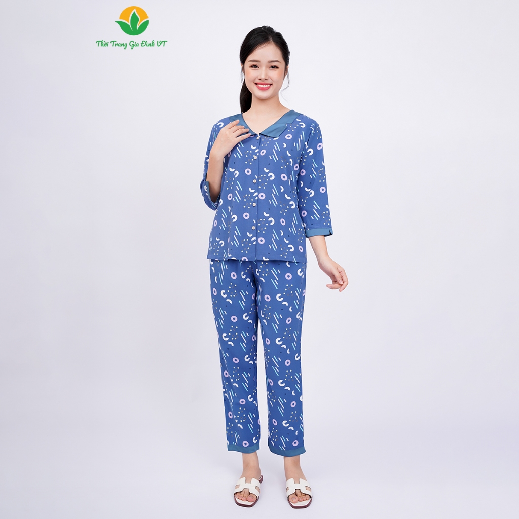 Bộ mặc nhà nữ thu đông thời trang Việt Thắng chất Lanh quần dài áo tay lỡ phối lá cổ vuông FROM NHỎ - B09.2319