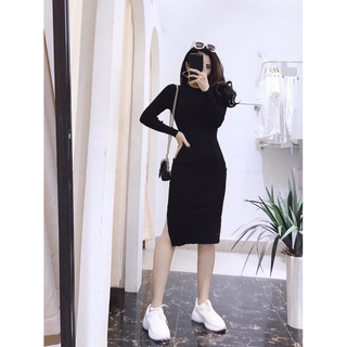 Váy body len dài tay cổ 3p đầm body maxi có xẻ len motoghi hàng chuẩn QC loại 1 form ôm body tôn dáng