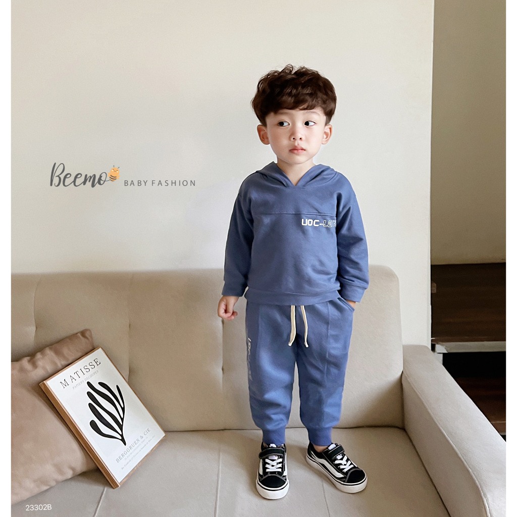 Set bộ hoodie Beemo cho bé trai, in chữ UOC-LGUYS, quần bo gấu vải nỉ da cá mềm, giữ ấm tốt mặc thu đông 23302B