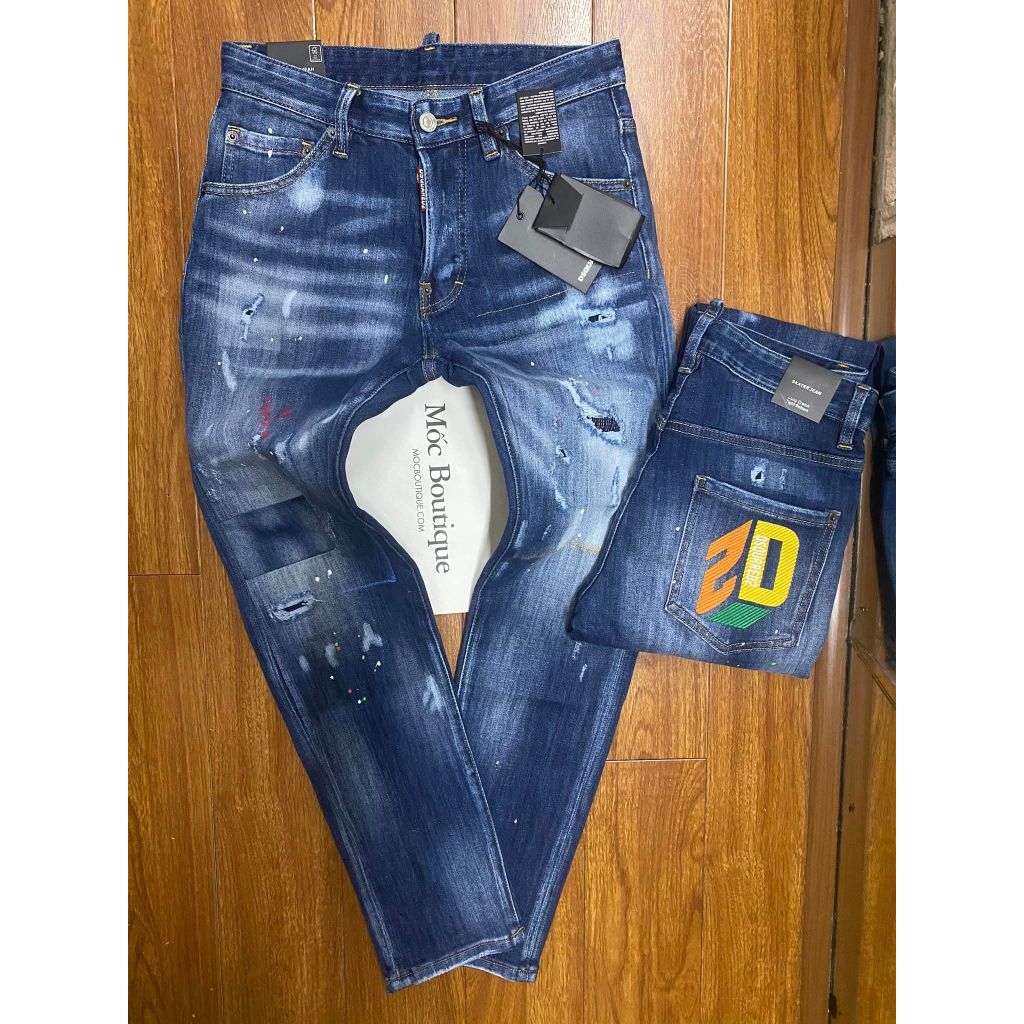 Quần Jean DSQ2 Xanh Đậm Vẩy Sơn Siêu Hot Quần Bò Vẩy Sơn Xanh Mài Thời Trang Chất Co Giãn Phối Loang Rách Gối CựcChất
