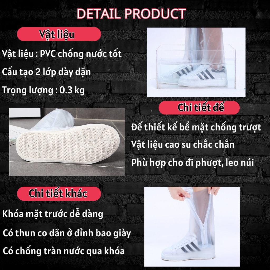 Ủng Đi Mưa-Trùm Giày, Bọc Giày Đi Mưa Cổ Cao Với Chất Liệu Nhựa PVC 2 Lớp có khóa kéo