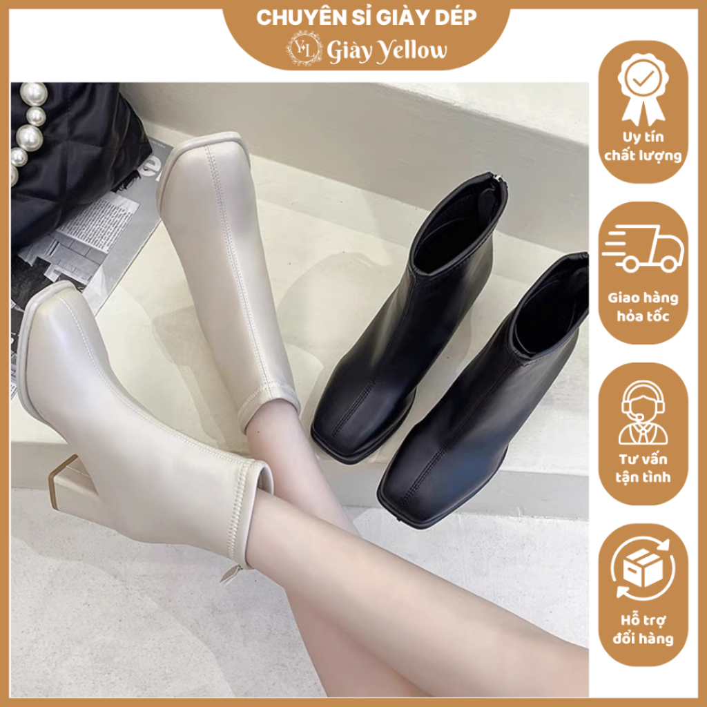 Giày bốt nữ thời trang chất da mịn khóa kéo sau đế 7 cm dáng công sở màu trắng kem/đen