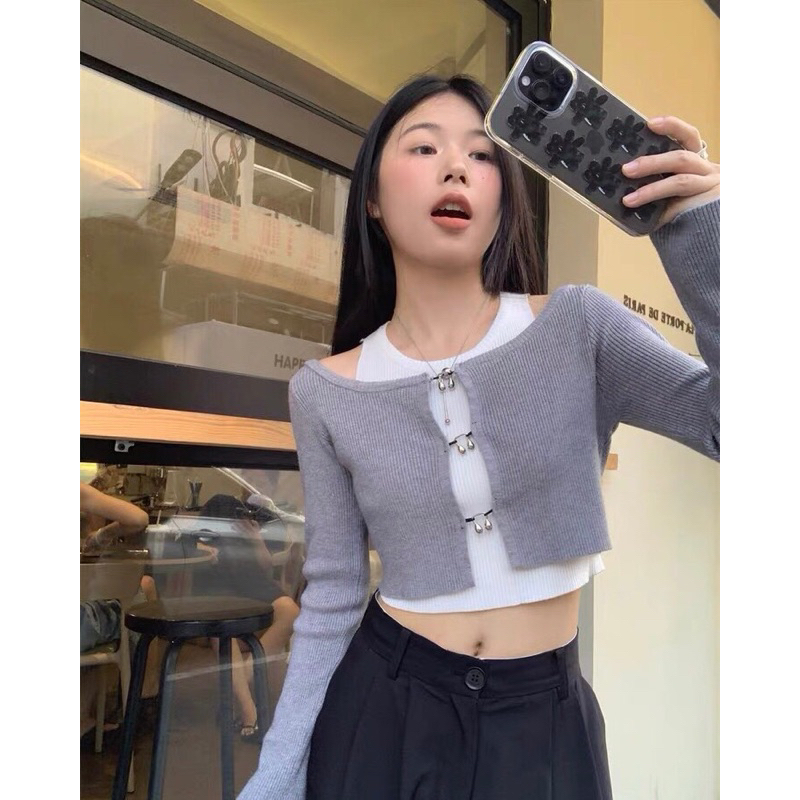 | Ảnh Thật | Set Áo Croptop Móc Cài Mùa Hè RANSHI Áo Khoác Dài Tay  Chất Mặc Mát Siêu Cá Tính