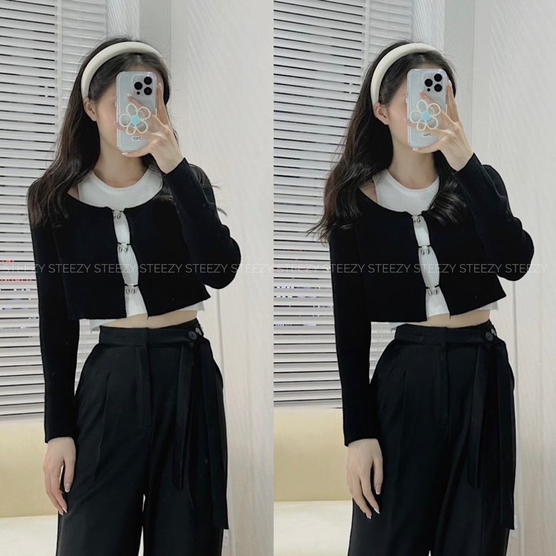 | Ảnh Thật | Set Áo Croptop Móc Cài Mùa Hè RANSHI Áo Khoác Dài Tay  Chất Mặc Mát Siêu Cá Tính