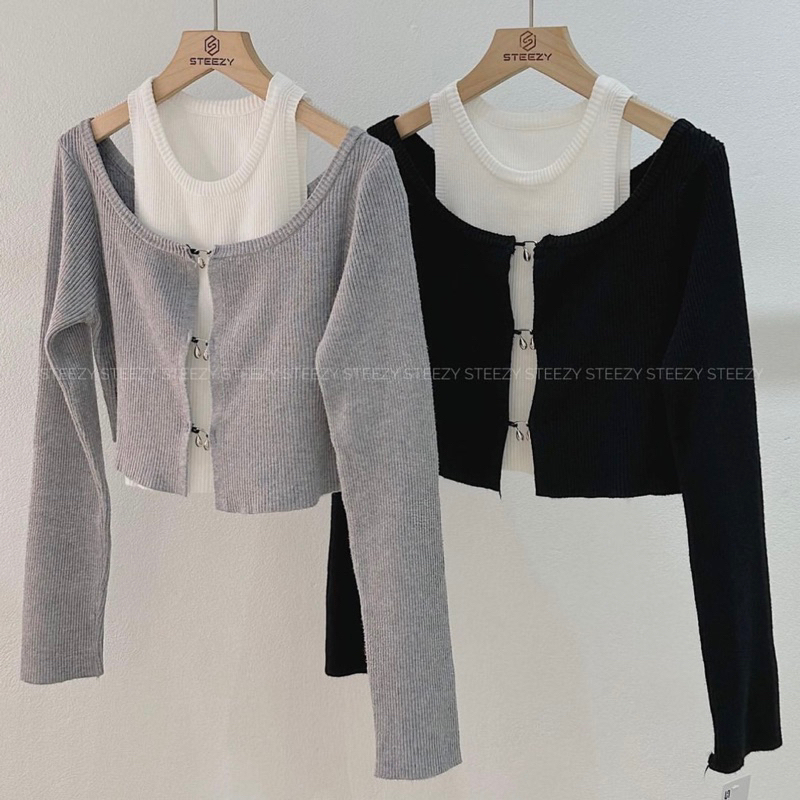 | Ảnh Thật | Set Áo Croptop Móc Cài Mùa Hè RANSHI Áo Khoác Dài Tay  Chất Mặc Mát Siêu Cá Tính