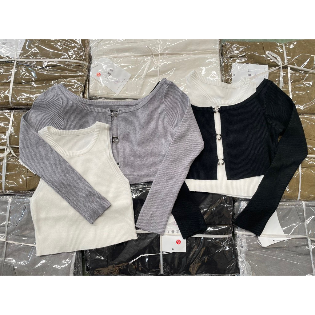 | Ảnh Thật | Set Áo Croptop Móc Cài Mùa Hè RANSHI Áo Khoác Dài Tay  Chất Mặc Mát Siêu Cá Tính