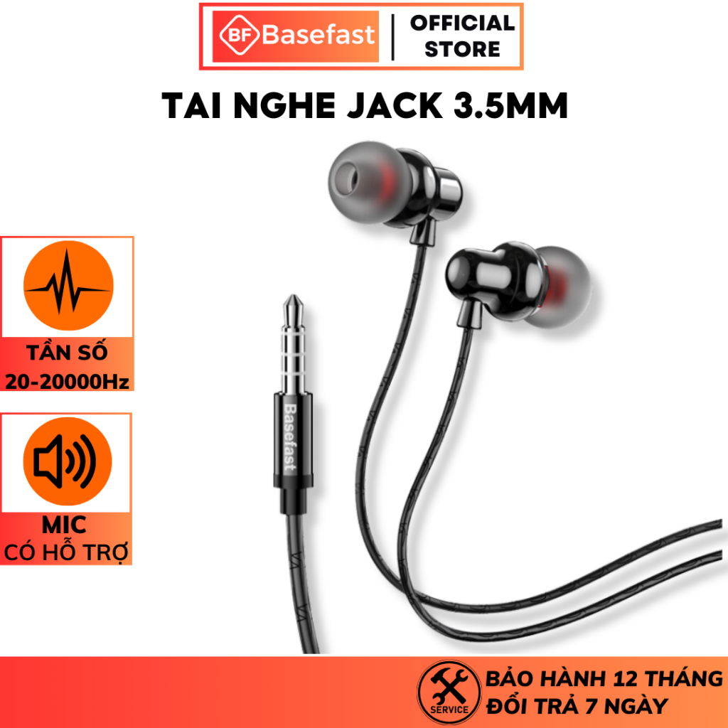 Tai Nghe Dây Cao Cấp Có Núm Cao Su Jack 3.5 Basefast - Âm Thanh Sống Động Bảo Hành 12 Tháng