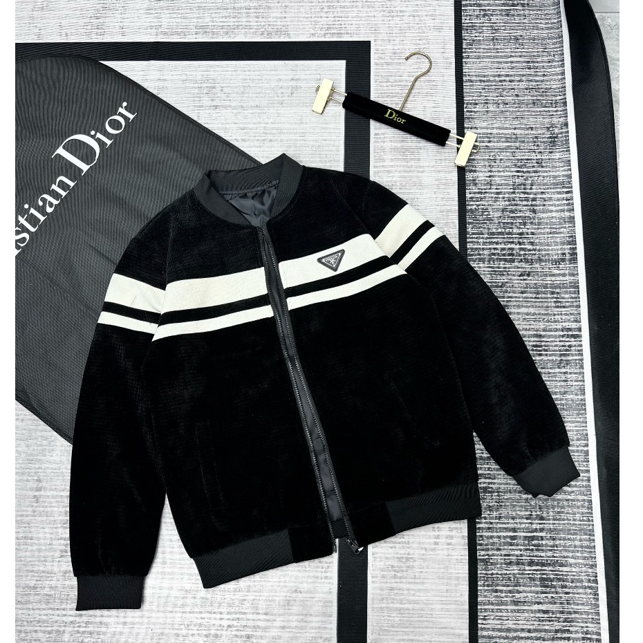 Áo Khoác Bomber Nam Nữ Thêu Logo PRADAR, Phối Sọc Ngang Áo, Chất Vải Nhung Cao Cấp, Dày Dặn, Mẫu Mới Nhất