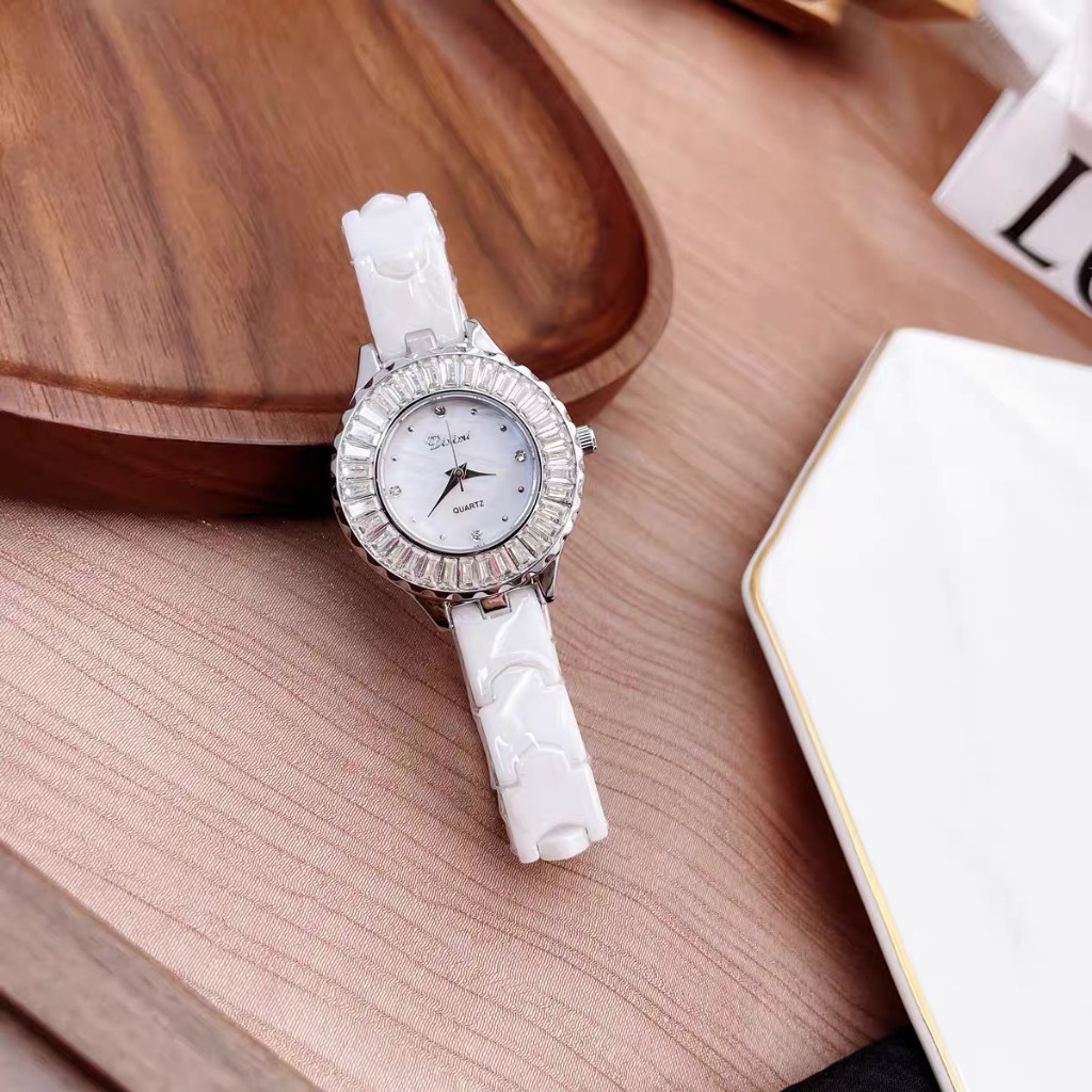 Đồng Hồ Nữ Chống Nước Chống Xước Dây Kim Loại Ceramic, Mặt Đính Đá Phong Cách DINIMI 77049 Hàng Chính Hãng- BH 6 Tháng