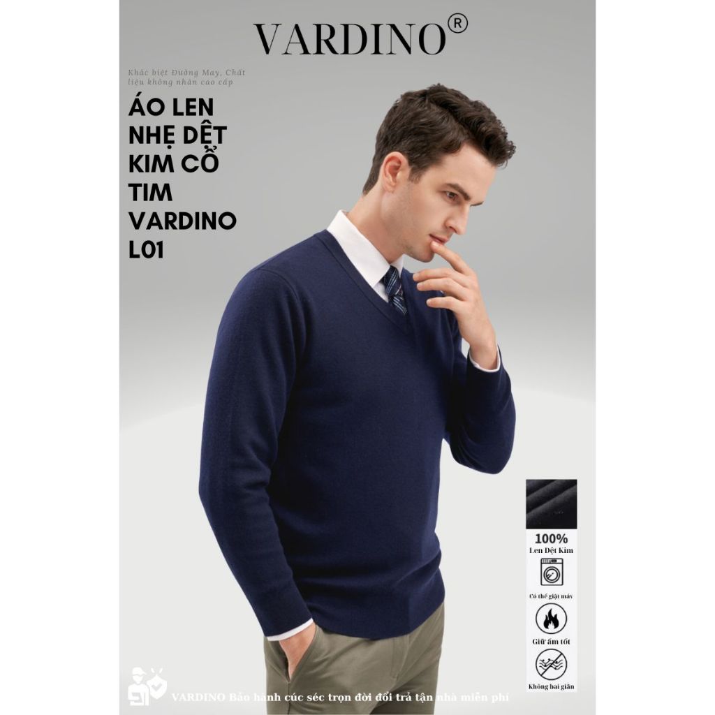 Áo len nam cổ tim chữ v trung niên VARDINO dệt kim màu xanh màu xám L01 L02