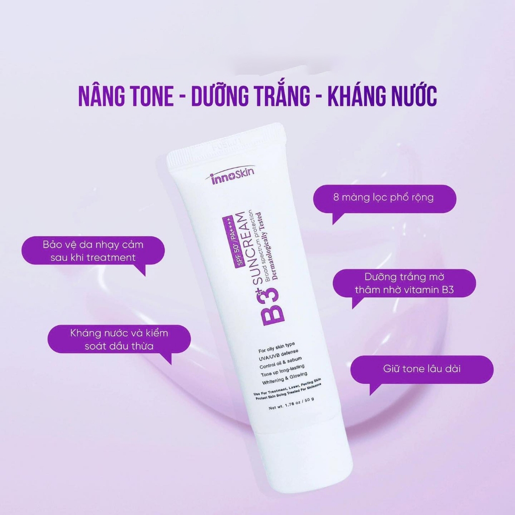 Kem Chống Nắng B3 InnoSkin Màu Tím 8 Màng Lọc Cho Da Dầu Chính Hãng