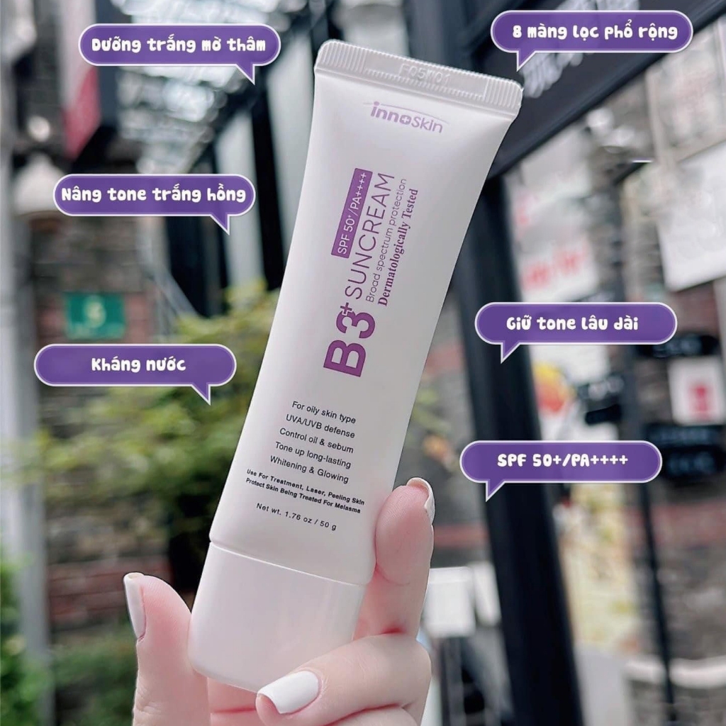 Kem Chống Nắng B3 InnoSkin Màu Tím 8 Màng Lọc Cho Da Dầu Chính Hãng