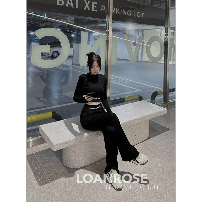 SET ÁO CROPTOP TAY DÀI + QUẦN SUÔNG CULOTTES ĐEN VIỀN CHỮ