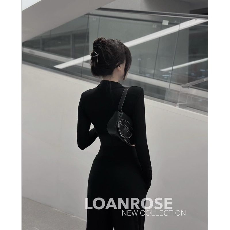 SET ÁO CROPTOP TAY DÀI + QUẦN SUÔNG CULOTTES ĐEN VIỀN CHỮ