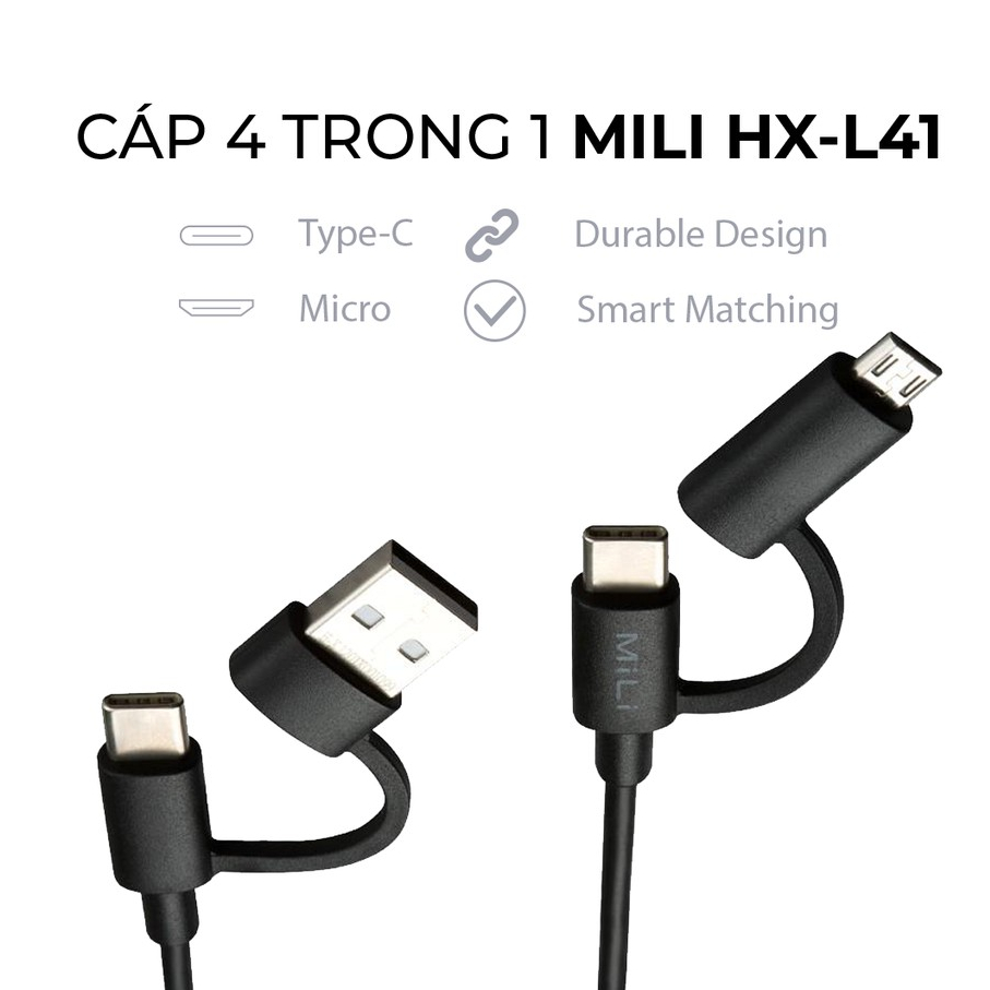 Cáp sạc nhanh MiLi - HX-L41BK 4in1 - Micro USB, Type-C, sạc nhanh 3A - Bảo hành 24 tháng