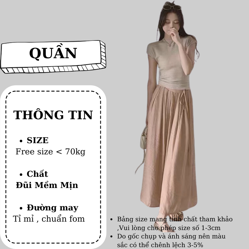 Quần đũi ống rộng nữ RYSO FASHION dáng suông lưng cao dây thắt nơ túi trước vải đũi mềm dày dặn dáng culottes dài xoè