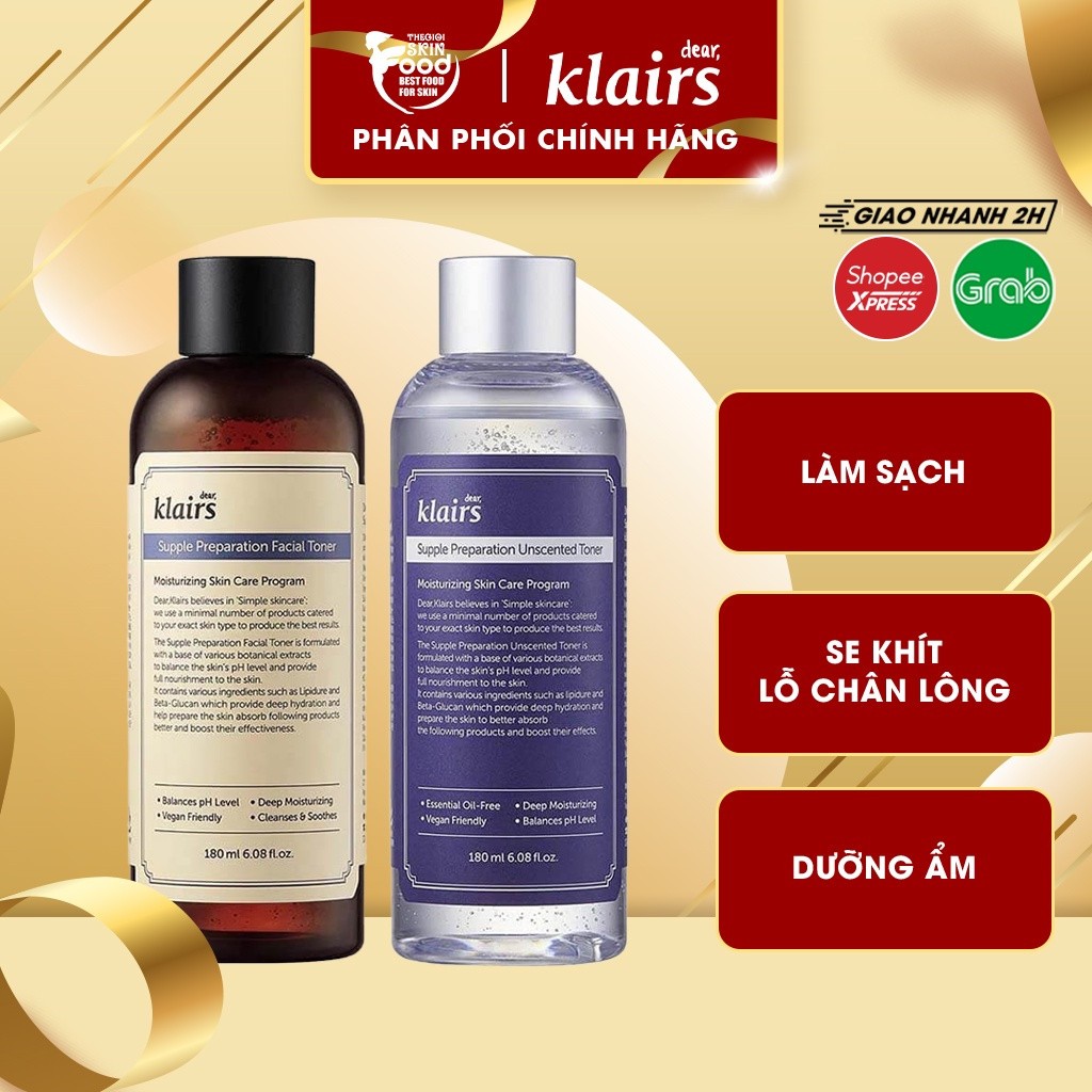 Nước hoa hồng làm sạch, dưỡng ẩm, se khít lỗ chân lông cho da nhạy cảm Hàn Quốc Klairs Supple Preparation Toner 180ml