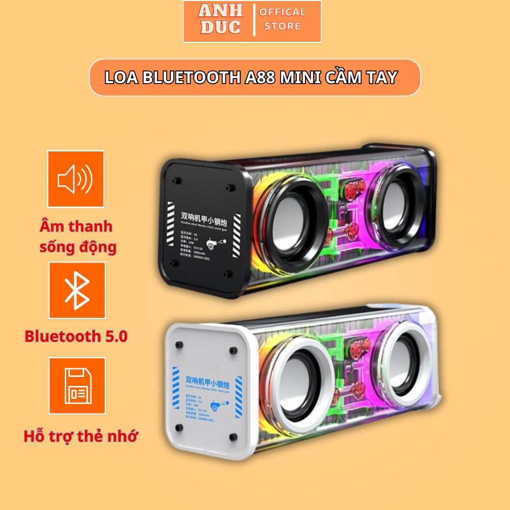 Loa Bluetooth Không Dây A88 mini Cầm Tay Công Suất Lớn, Âm Thanh Sống Động, Led Nháy Theo Nhạc Cực C