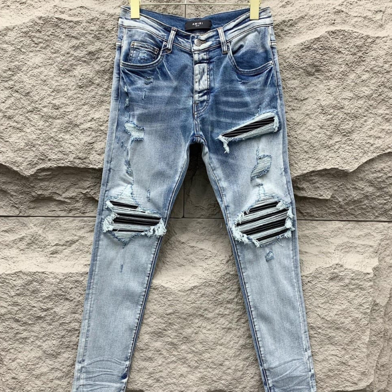 Quần Jean AMIRI Like_Auth Xanh Mài Bạc 4 Khuy Lót Da Nhăn Gối Quần bò nam xanh nhạt vá gối họa tiết Hot Trend