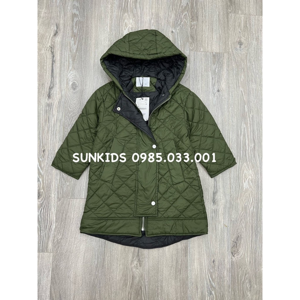 Áo khoác phao chần trám xanh rêu dáng dài