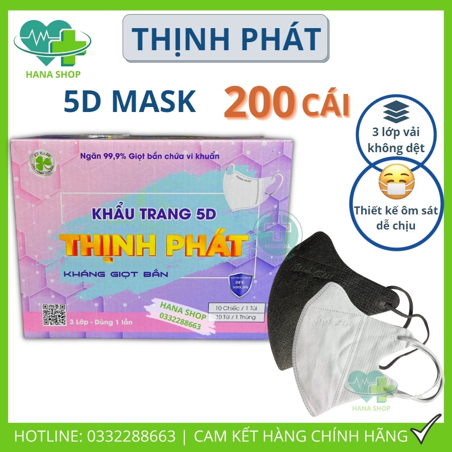 [Set 200 Cái] Khẩu Trang 5D Thịnh Phát Chính Hãng, Hàng Cao Cấp Vải Không Dệt 3 Lớp Lọc Bụi Mịn Chống Lem Son