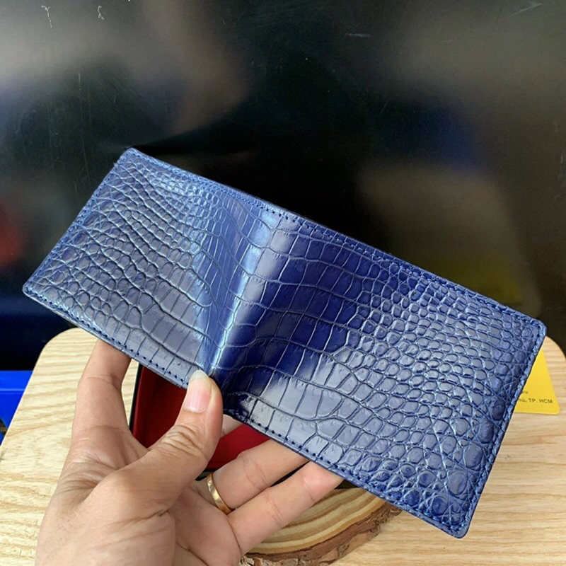Bóp Ví Nam Da Cá Sấu Thật Màu Xanh Navy ST82 Phần Da Bụng Trơn Cá Sấu Cao Cấp Full Hộp Bảo Hành 5 năm