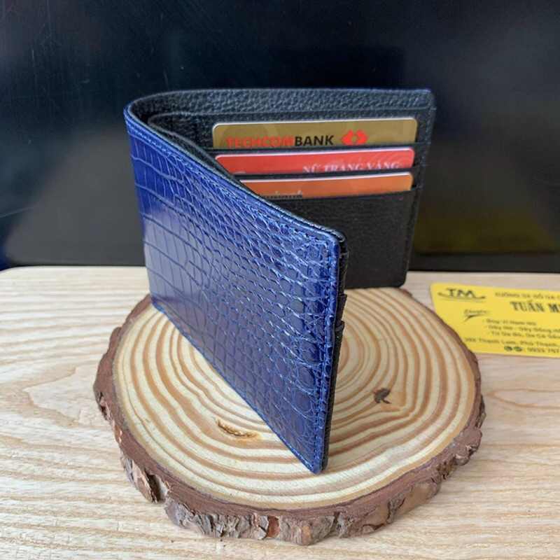 Bóp Ví Nam Da Cá Sấu Thật Màu Xanh Navy ST82 Phần Da Bụng Trơn Cá Sấu Cao Cấp Full Hộp Bảo Hành 5 năm