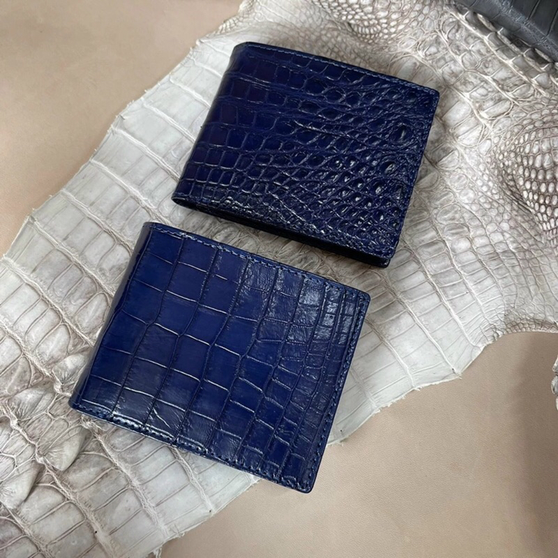 Bóp Ví Nam Da Cá Sấu Thật Màu Xanh Navy ST82 Phần Da Bụng Trơn Cá Sấu Cao Cấp Full Hộp Bảo Hành 5 năm