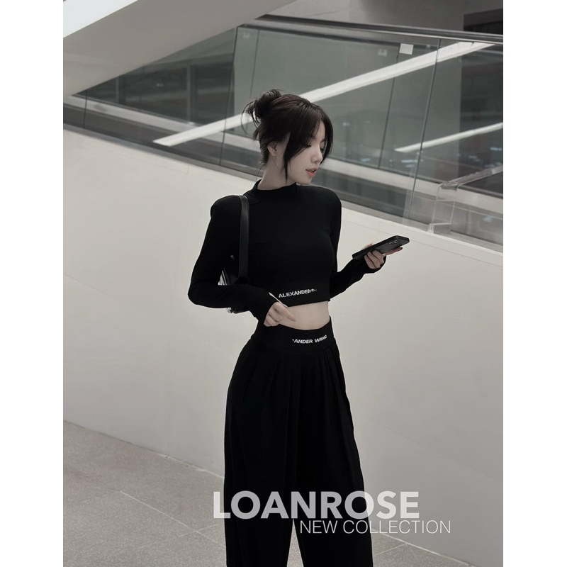 SET ÁO CROPTOP TAY DÀI + QUẦN SUÔNG CULOTTES ĐEN VIỀN CHỮ