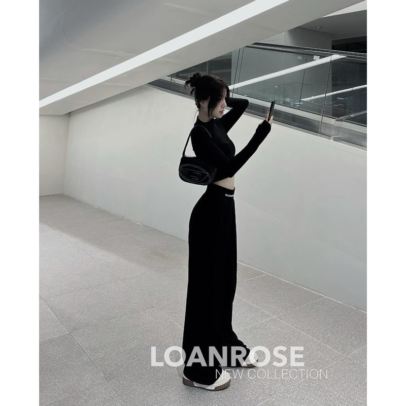 SET ÁO CROPTOP TAY DÀI + QUẦN SUÔNG CULOTTES ĐEN VIỀN CHỮ