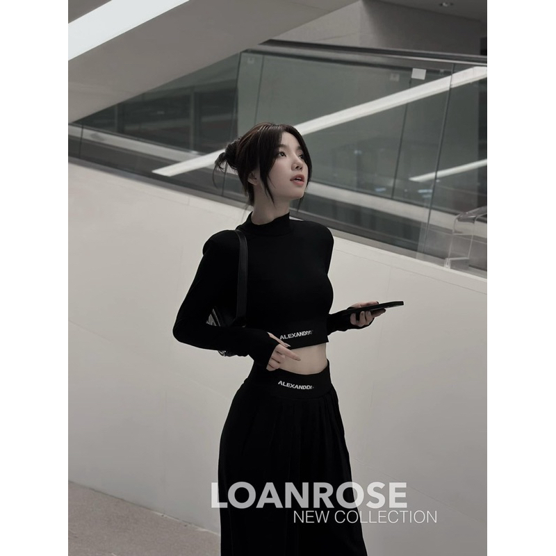 SET ÁO CROPTOP TAY DÀI + QUẦN SUÔNG CULOTTES ĐEN VIỀN CHỮ