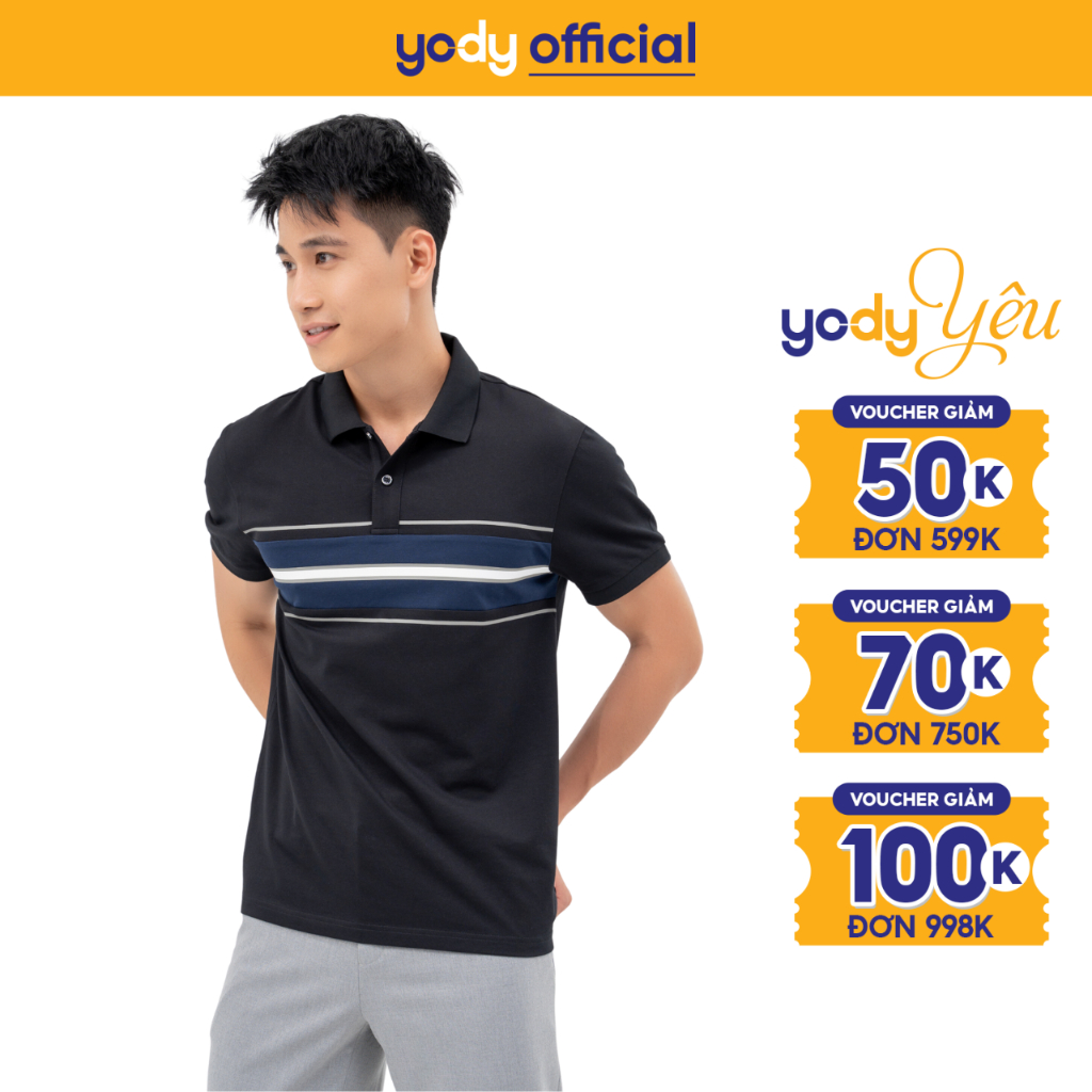 Áo Polo Nam Yody mắt chim in kẻ ngang ngực chất liệu cotton mềm mịn thoáng mát thấm hút APM6255