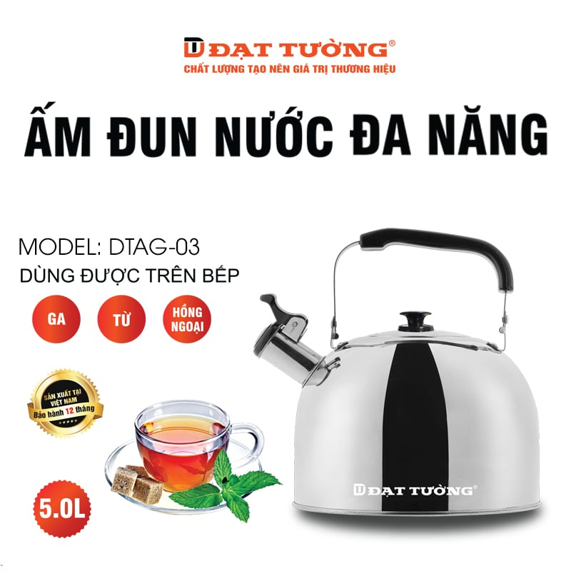 Ấm Đun nước Inox cho bếp ga, bếp từ ĐẠT TƯỜNG 5L- Có còi báo khi sôi - Siêu nước bền, đẹp, giá rẻ