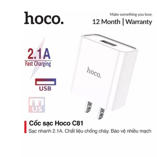 Củ sạc nhanh Hoco C81 1 cổng USB sạc nhanh 2.1A, 10.5W, hỗ trợ sạc cho với nhiều thiết bị điện thoại, tablet...