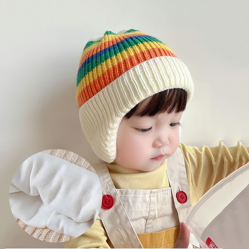 Mũ len chùm tai phối kẻ Cầu vồng Hàn Quốc siêu dễ thương cho bé mùa thu đông