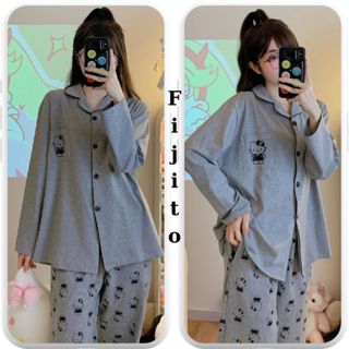 Bộ đồ ngủ pijama bộ ngủ cotton nữ dài tay in hình kitty mềm mại Quảng Châu cao cấp FIJITO