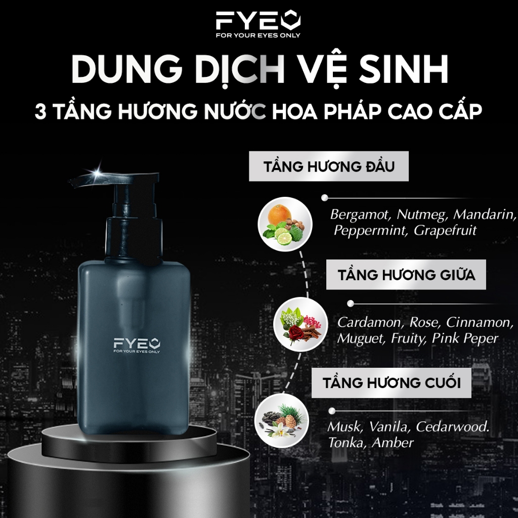 Dung dịch vệ sinh nam FYEO khử mùi, làm sạch - Hương nước hoa Pháp cao cấp chính hãng với 3 tầng hương ĐẶC BIỆT có 1-0-2