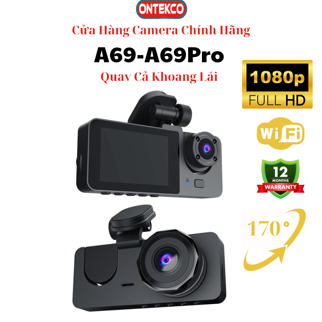 Camera Hành Trình Ontekco A69/A69 Pro Chính Hãng. Full HD. Quay Đêm Hồng ngoại. có Ghi âm buồng lái