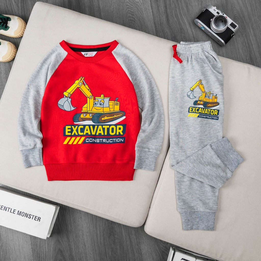 Bộ nỉ da cá HM dư Đỏ cần cẩu size 2-7y