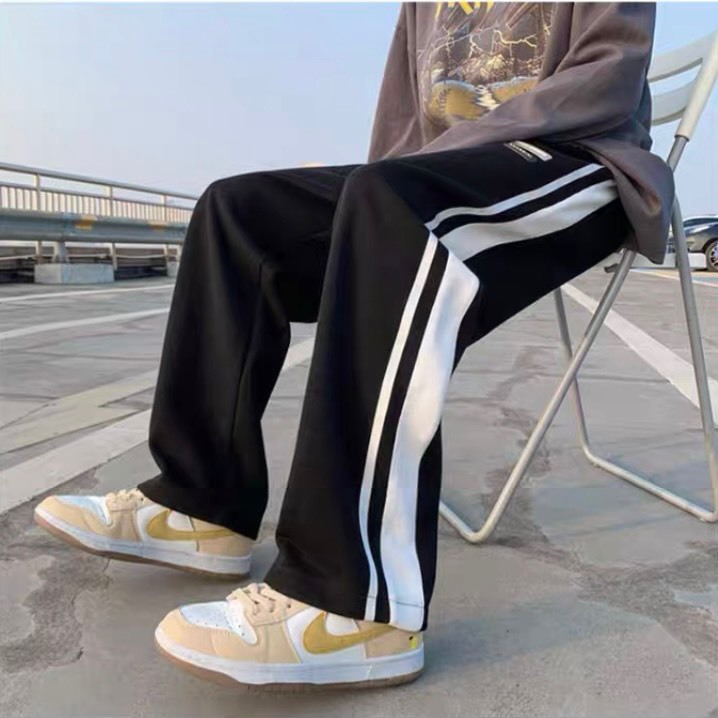 Quần Nhung Tăm Ống Rộng Mác Da MENGDINI Unisex - Quần Dài Cạp Chun Phối Sọc 2 To Nhỏ 	Eo Vải Co Dãn NT4