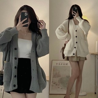 Aó khoác len cardigan dày dặn dáng basic có 2 túi hộp, áo len khoác ngoài dáng rộng hai túi trước phong cách Hàn Quốc
