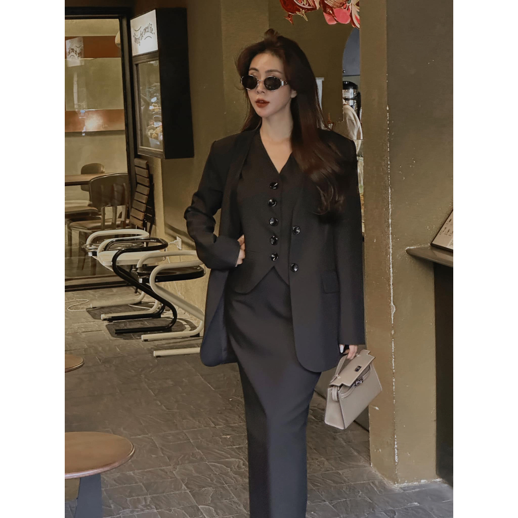 Set vest váy ghile 3 chi tiết 𝐀𝐒𝐇𝐘𝐋𝐄𝐘 áo khoác vest, áo ghile, chân váy