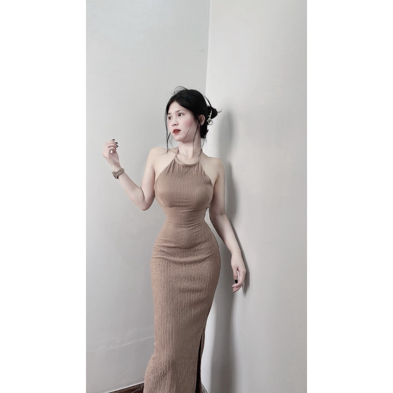 Đầm Maxxi Body YẾM Cúp Mút Ngực Xốp Nhún Hở Lưng Bảng Ngang Xẻ Tà