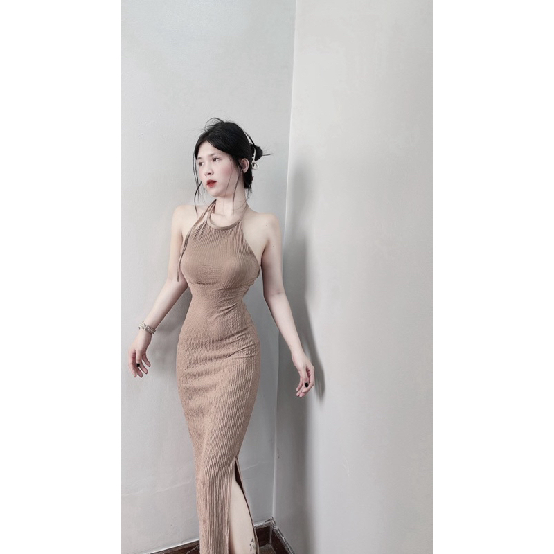 Đầm Maxxi Body YẾM Cúp Mút Ngực Xốp Nhún Hở Lưng Bảng Ngang Xẻ Tà