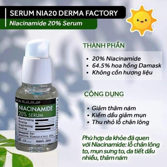 Tinh Chất Dưỡng Trắng Da Mờ Thâm Derma Factory Niacinamide 20% Serum 30ml