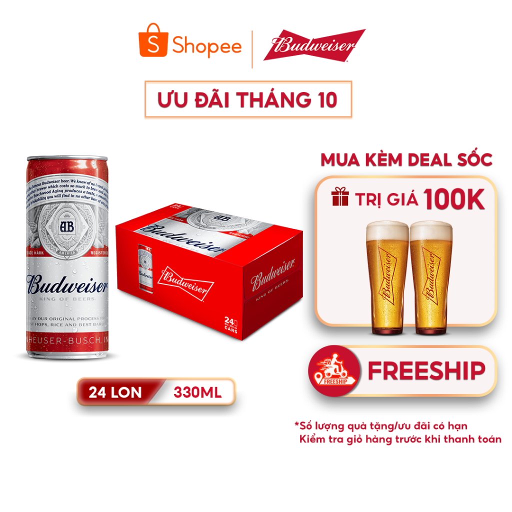 [FREESHIP] Thùng 24 Lon Bia Budweiser Chính Hãng (330ml/ lon)